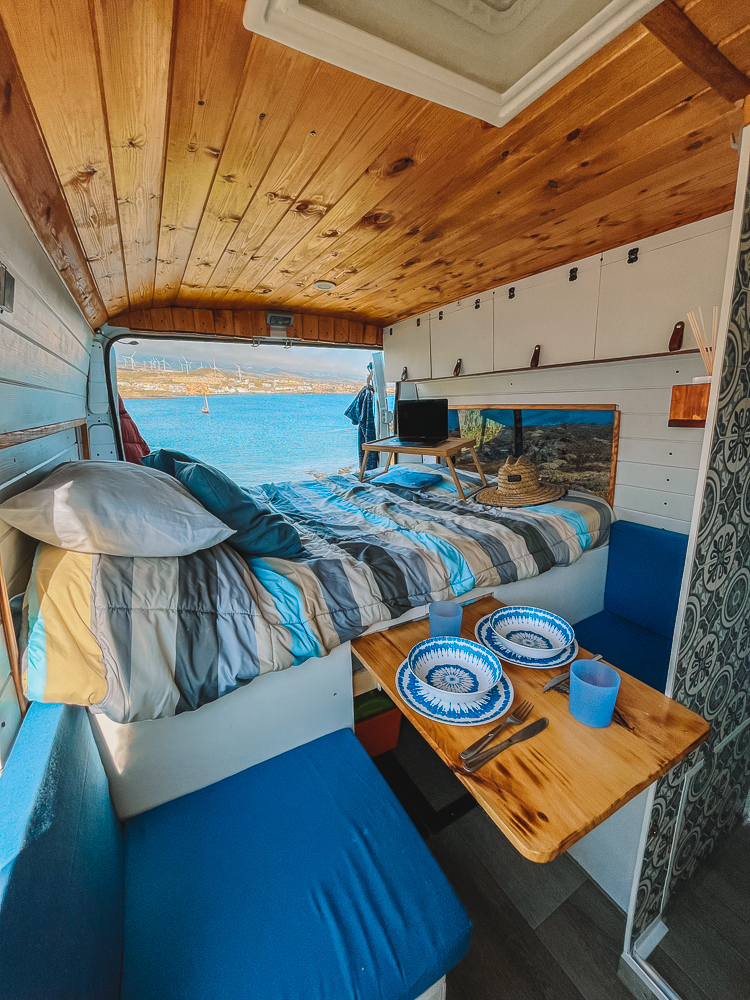The interior of our converted van La Niña, available to rent in Tenerife
